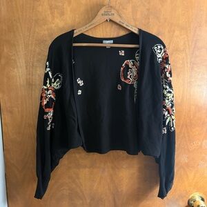 J. Jill Black Floral Embroidered Silk Bolero Cardigan Sweater Boho Lagenlook XL